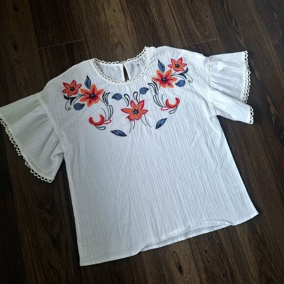 💙 THML Boho Prairie Style Embroidered Lightweight Short Sleeve Cotton Blouse - Picture 3 of 9